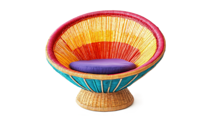 a brightly colored papasan chair woven and isolated on a white background