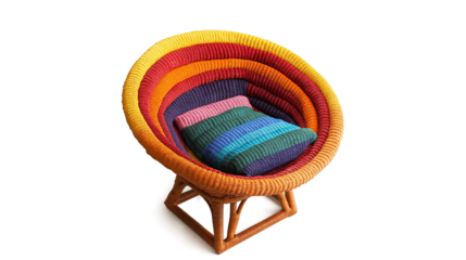 a brightly colored papasan chair woven and isolated on a white background
