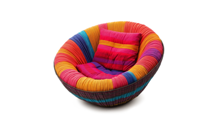 a brightly colored papasan chair woven and isolated on a white background