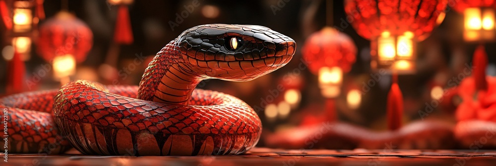 Poster elegant minimalist snake wrapped around geometric shapes in a festive design with soft glowing lante