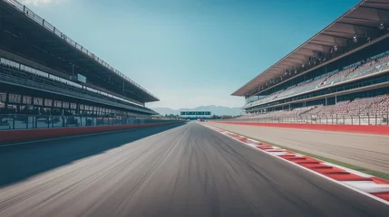  A dramatic, empty racing track under a clear sky, with spectator seats lining the sides. The stillness contrasts with the vibrant anticipation in the air, as if waiting for the action to begin. © Julia