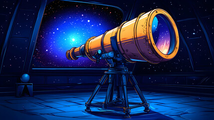 A gold telescope pointed at a bright star in a dark blue night sky.