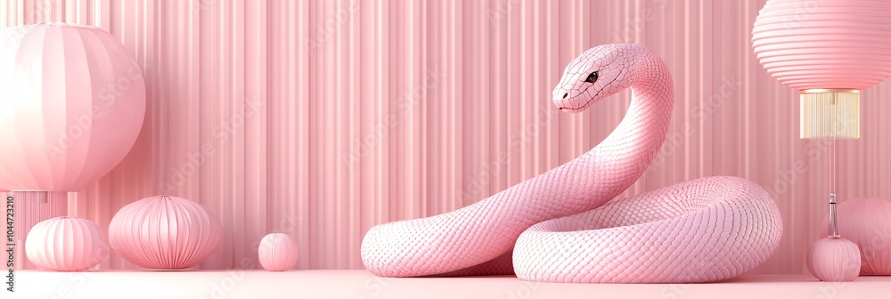Poster Elegant snake in a minimalistic design twisting alongside geometric shapes and simple lanterns for a contemporary Chinese New Year feel Stock Photo with side copy space