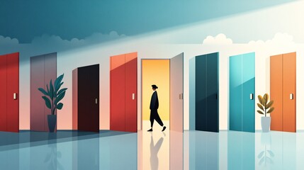 Obraz premium Person Walking Down Hallway with Open Doors