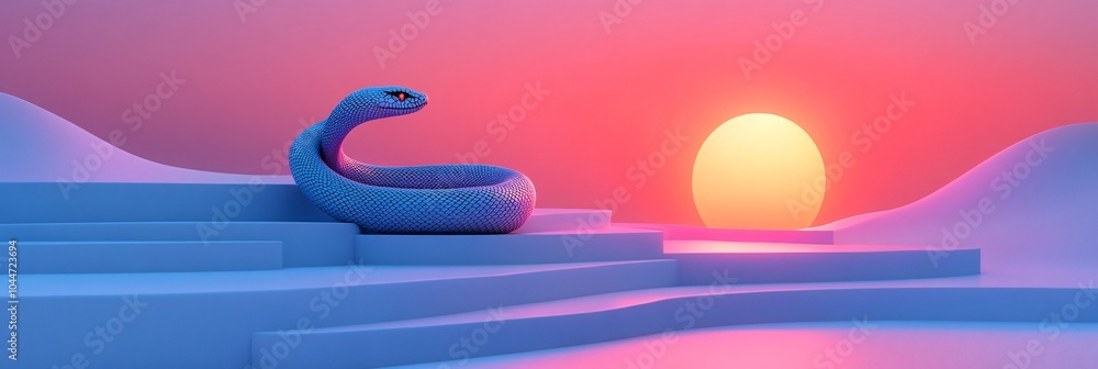 Poster geometric shapes paired with an abstract snake in a minimalist design accented with glowing festive 