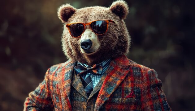 A stylish bear dressed in a colorful suit with sunglasses, radiating cool vibes.