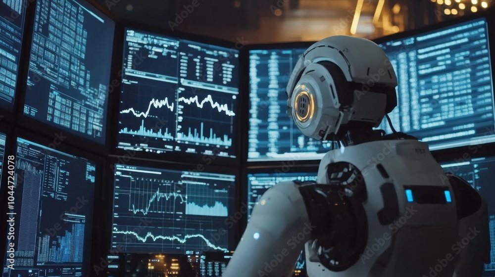 Poster robot expertly handling multiple screens displaying global stock charts and investments, symbolizing