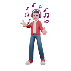 Cartoon Male Singer in 3D. A male singer is standing dancing listening to music on a headphone and surrounded by notes. Music Character