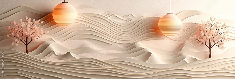 Poster Curving snake design in sleek minimal style with abstract festive details like modern geometric shapes and soft glowing lanterns Stock Photo with side copy space