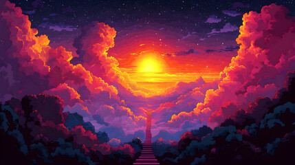 Fototapeta premium A pixelated sunset with a staircase leading to the sky.