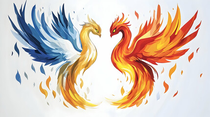 Obraz premium Two phoenix birds, one blue and one red, facing each other in a heart shape.