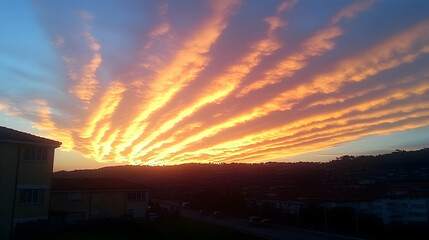 Vibrant orange and pink sunset clouds over a city skyline.