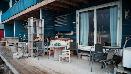 Cozy outdoor seating area at a residence in Longyearbyen Svalbard during twilight