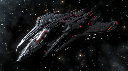 A sleek, black spaceship with red accents against a starry background.
