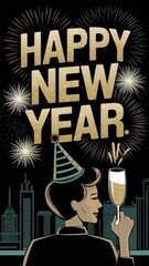 Celebrate the arrival of a new year with joy and excitement a festive illustration featuring fireworks champagne and a toast to fresh beginnings