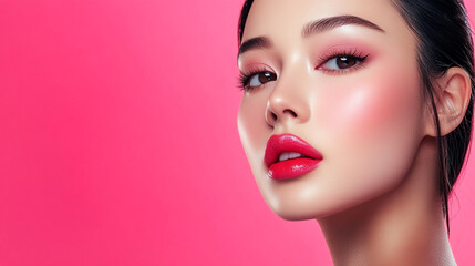 Fototapeta premium Beautiful young asian woman with flowers and petals on her face. Beauty parlor horizontal banner concept, copyspace 