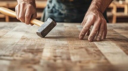 A craftsman uses a mallet on a wooden surface, showcasing skilled woodworking techniques and craftsmanship in action.