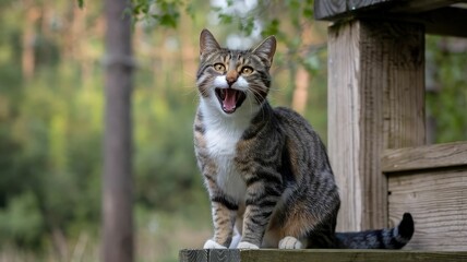 A playful tabby cat expresses its joy in a natural setting capturing the quintessence of feline happiness amidst lush backgrounds and rustic charm