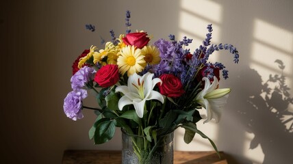 Obraz premium Beautiful floral arrangement featuring colorful roses lilies and lavender perfect for home decoration and special occasions with natural light play