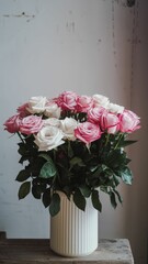 Obraz premium Elegant bouquet of pink and white roses in a stylish vase perfect for celebrations and home decor with a touch of nature's beauty