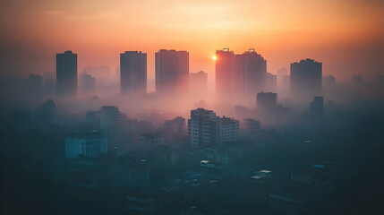 A cityscape shrouded in fog with the sun rising behind the buildings.