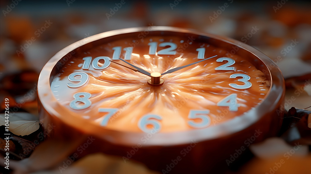 Poster a close-up of a clock face with orange swirl effect.