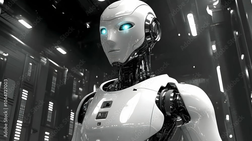Aufkleber a futuristic android robot with glowing blue eyes in a modern server room.