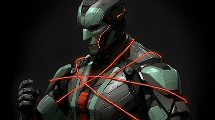 A futuristic cyborg bound by glowing red wires, standing against a dark background.