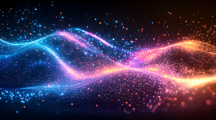 Abstract glowing blue and orange waves with particles on dark background.