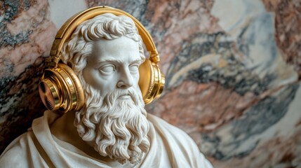 Obraz premium The juxtaposition of a bearded classical figure and gold headphones, highlighting the stylish contrast of old-world art and modern technology.