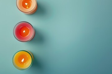 Colorful candles arranged on a light blue background in a cozy setting