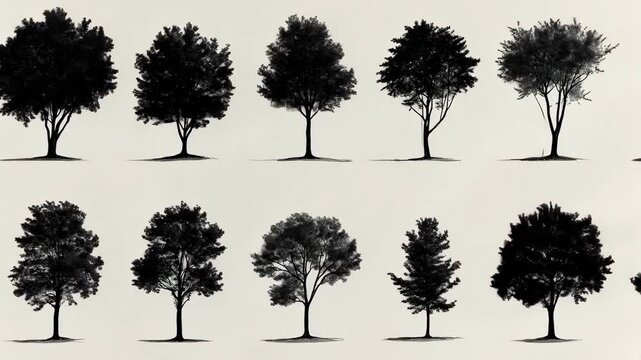 A series of black and white tree silhouettes arranged in rows