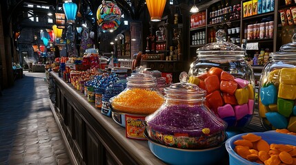 A colorful market stall in Barcelona brimming with fresh, ripe fruits and vegetables, offering a healthy and delicious variety of food and sweets