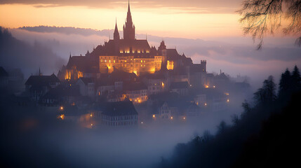 Naklejka premium A medieval town nestled in a valley, shrouded in mist at sunset, with a castle on a hilltop illuminated by warm light.