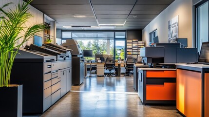 Modern office with multiple printers. Shows a business that focuses on printing and document creation.
