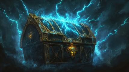 The treasure chest glows with blue lightning, symbolizing the excitement and preciousness of discovery on a dark, mysterious background