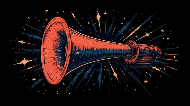 A red and blue megaphone pointed to the right, with a starry night sky behind it, with a burst of light and stars around the megaphone.