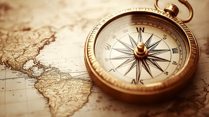 Antique compass resting on a vintage world map, pointing north.