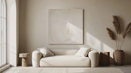 Creative living room interior design ideas featuring a mockup template with a sofa contemporary minimal wall decor and a natural color scheme for a relaxing ambiance