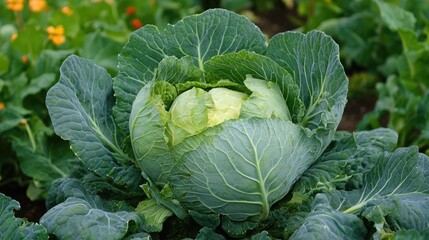 Naklejka premium Lush Cabbage Patch in a Vibrant Vegetable Garden