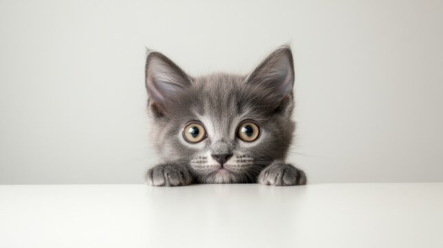 Gray Shorthair kitten with drooping ears peeking from behind a white table appearing frightened with ample copy space