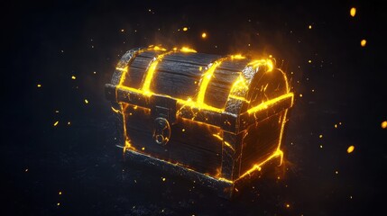The treasure chest glows with yellow lightning, symbolizing the golden thrill of discovery and the preciousness of hidden riches on a dark background.