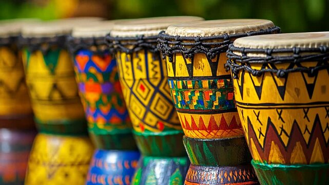 Colorful drums are lined up in a row, each with a unique design, likely found at a market in Africa