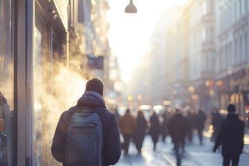 person walking in front of a store with mists