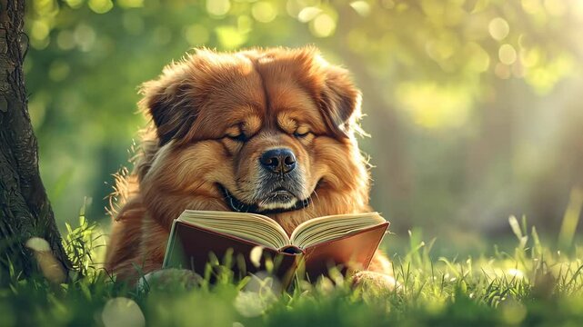 A fluffy dog relaxes under a tree, reading a book while surrounded by soft sunlight and floating leaves.