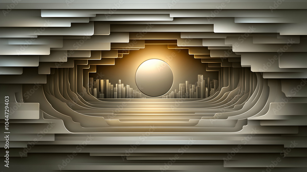 Poster abstract 3d digital art with layered geometric shapes and a glowing orb in the center.