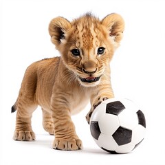 Obraz premium Baby Lion Plays Soccer on a Sunny Field