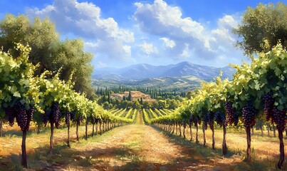 Naklejka premium Vineyard Landscape with Lush Vines, Purple Grapes, and a Distant Farmhouse in the Italian Countryside