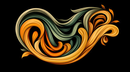 Abstract floral design with green and orange colors on black background.