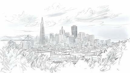 Hand-drawn sketch of the San Francisco skyline, including the iconic Golden Gate Bridge, Transamerica Pyramid, and Coit Tower.